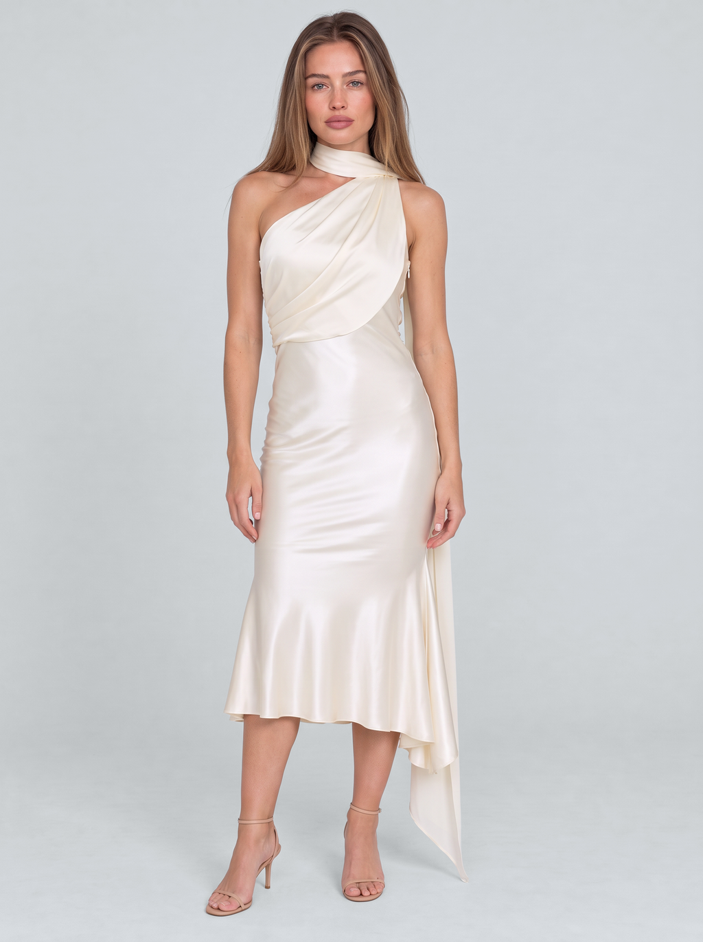 Montaigne Satin One-Shoulder Midi Dress by Joeve Paris - view 2