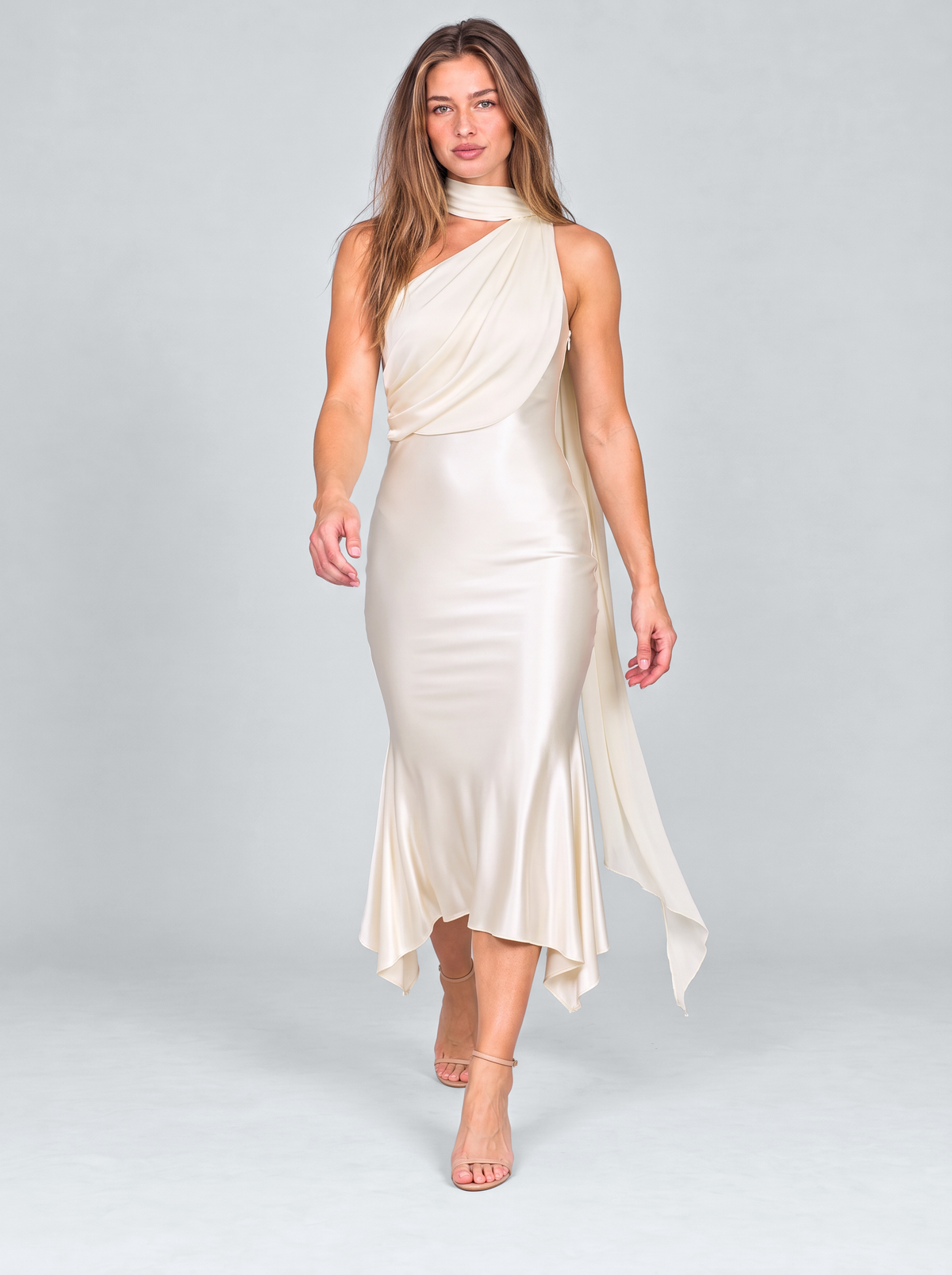Montaigne Satin One-Shoulder Midi Dress by Joeve Paris - view 4